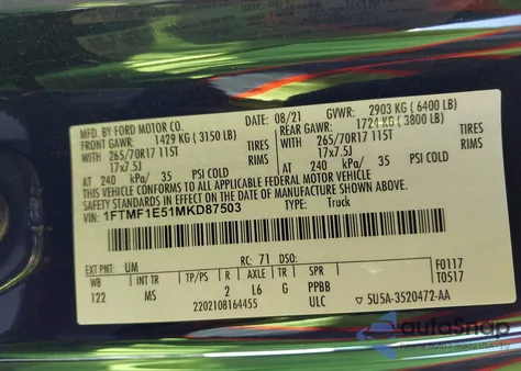 2021 Ford F-150 Xlt из США, поврежденный, VIN 1FTMF1E51MKD87503